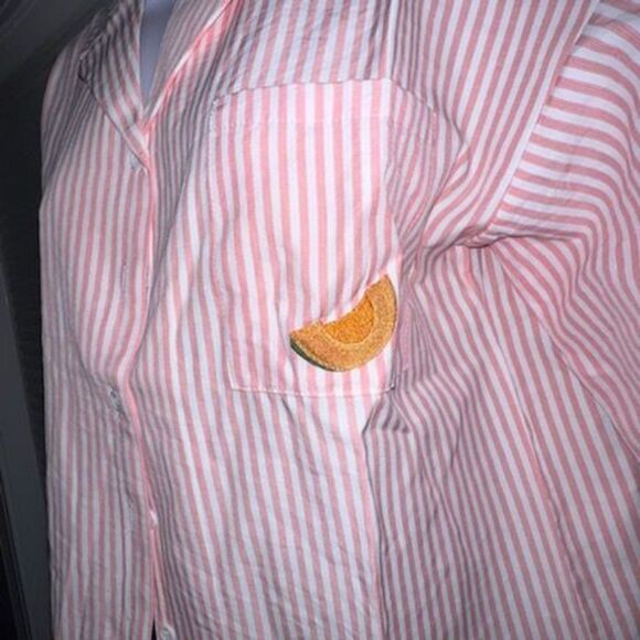 Daisy Street Pinstripe Bowling Shirt With Embroidered Fruit Slice on Pocket - Picture 3 of 8